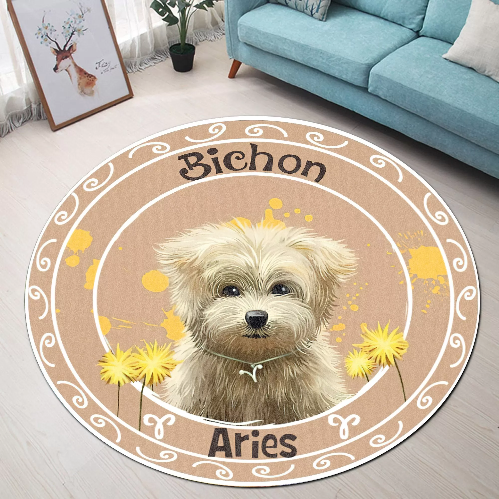 Gearhuman 3D Dog Aries Zodiac Sign Custom Name Round Rug