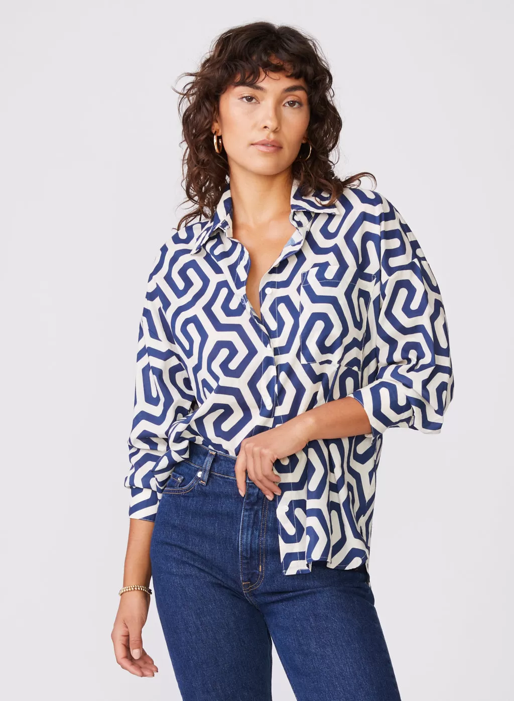 Geo Print Voile Oversized Shirt in New Navy