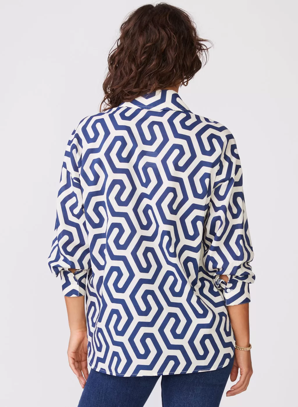 Geo Print Voile Oversized Shirt in New Navy