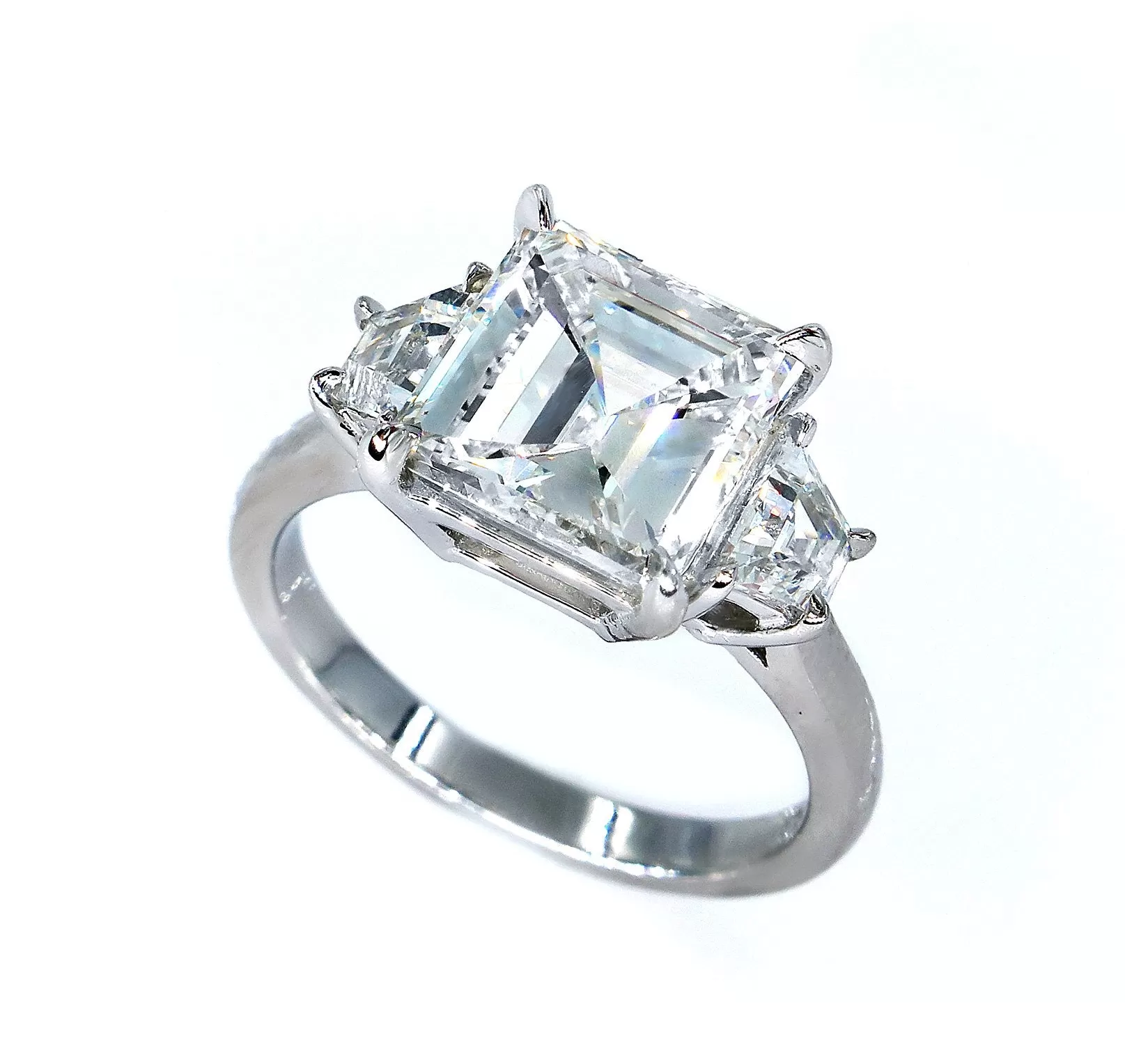 GIA 3.78ct Emerald Cut Diamond 3 Stone Engagement Wedding Platinum Ring