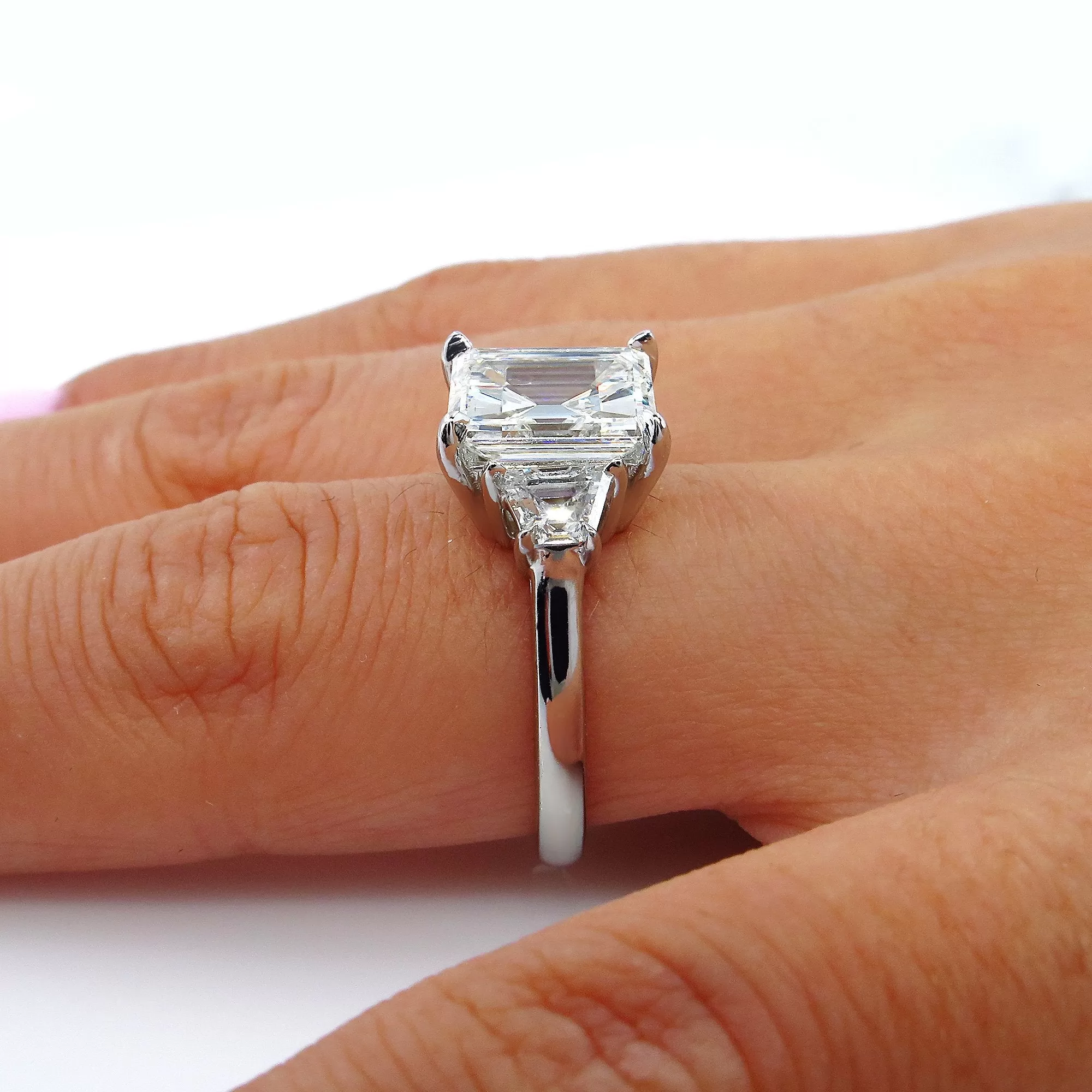 GIA 3.78ct Emerald Cut Diamond 3 Stone Engagement Wedding Platinum Ring