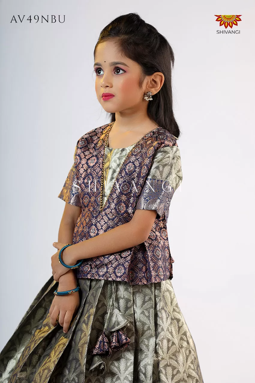 Girls Blue Tissue Coconut Pattu Pavadai - Festive Wear