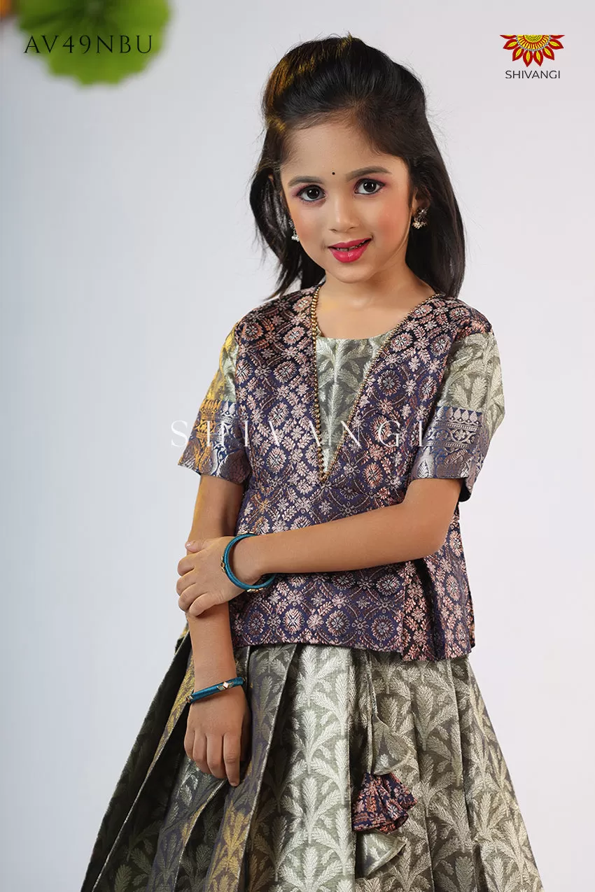 Girls Blue Tissue Coconut Pattu Pavadai - Festive Wear