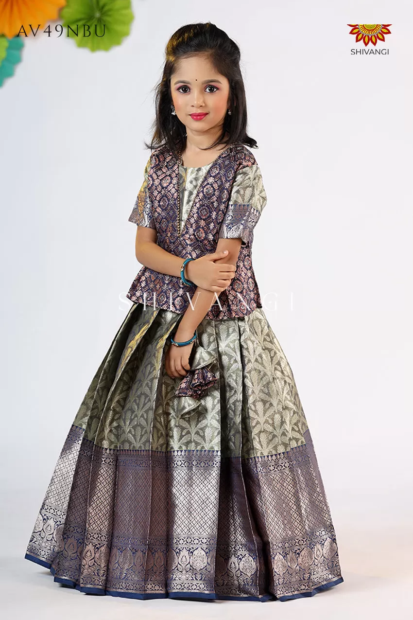 Girls Blue Tissue Coconut Pattu Pavadai - Festive Wear