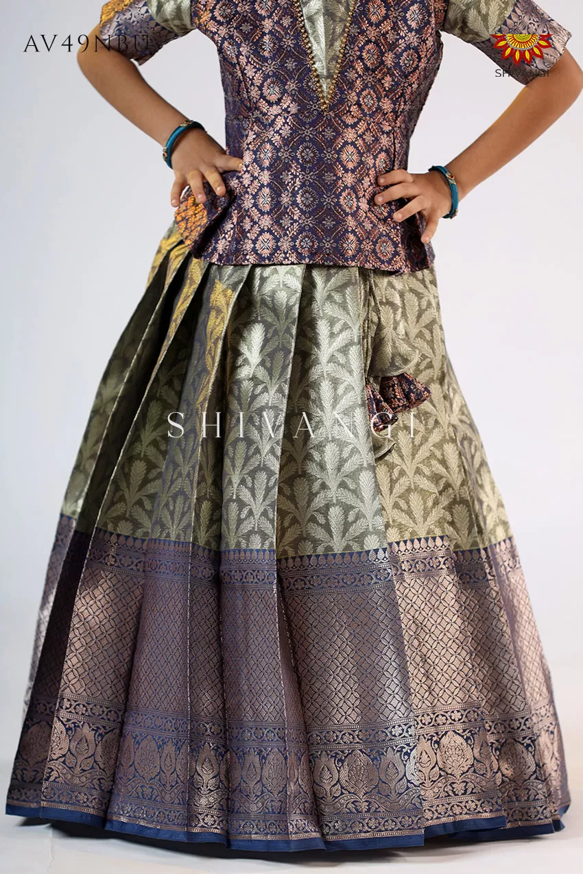 Girls Blue Tissue Coconut Pattu Pavadai - Festive Wear