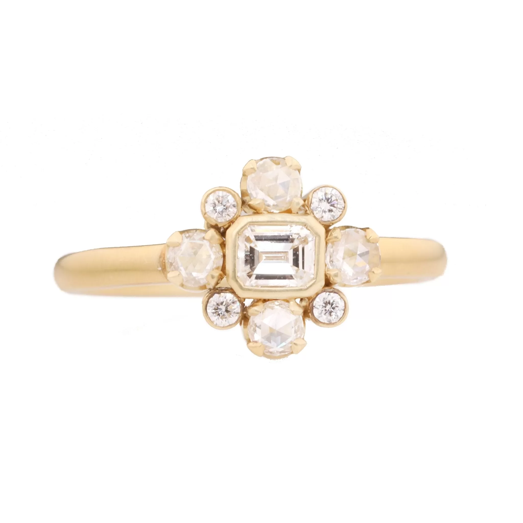 Gold, Emerald Cut Diamond, & Diamond Halo Holbein Ring