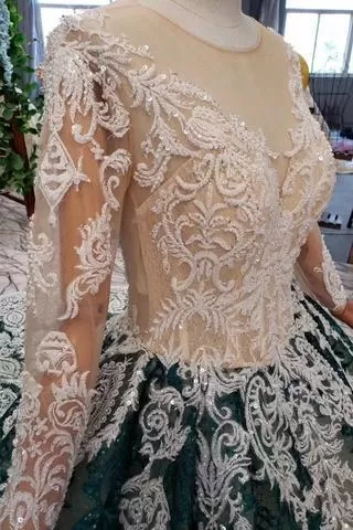 Green Long Sleeves Ball Gown Lace Prom Dress with Appliques Long Quinceanera Dress