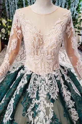 Green Long Sleeves Ball Gown Lace Prom Dress with Appliques Long Quinceanera Dress