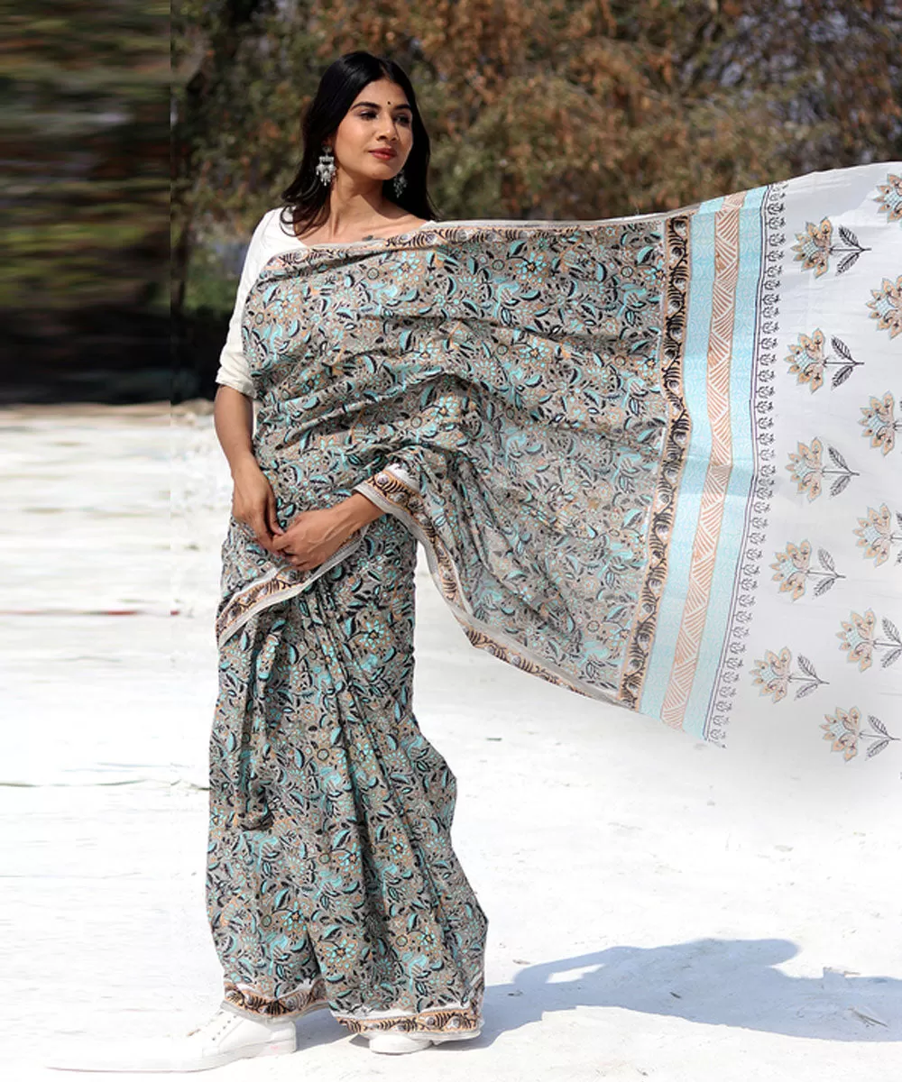 Grey navy blue cotton hand block sanganeri printed saree