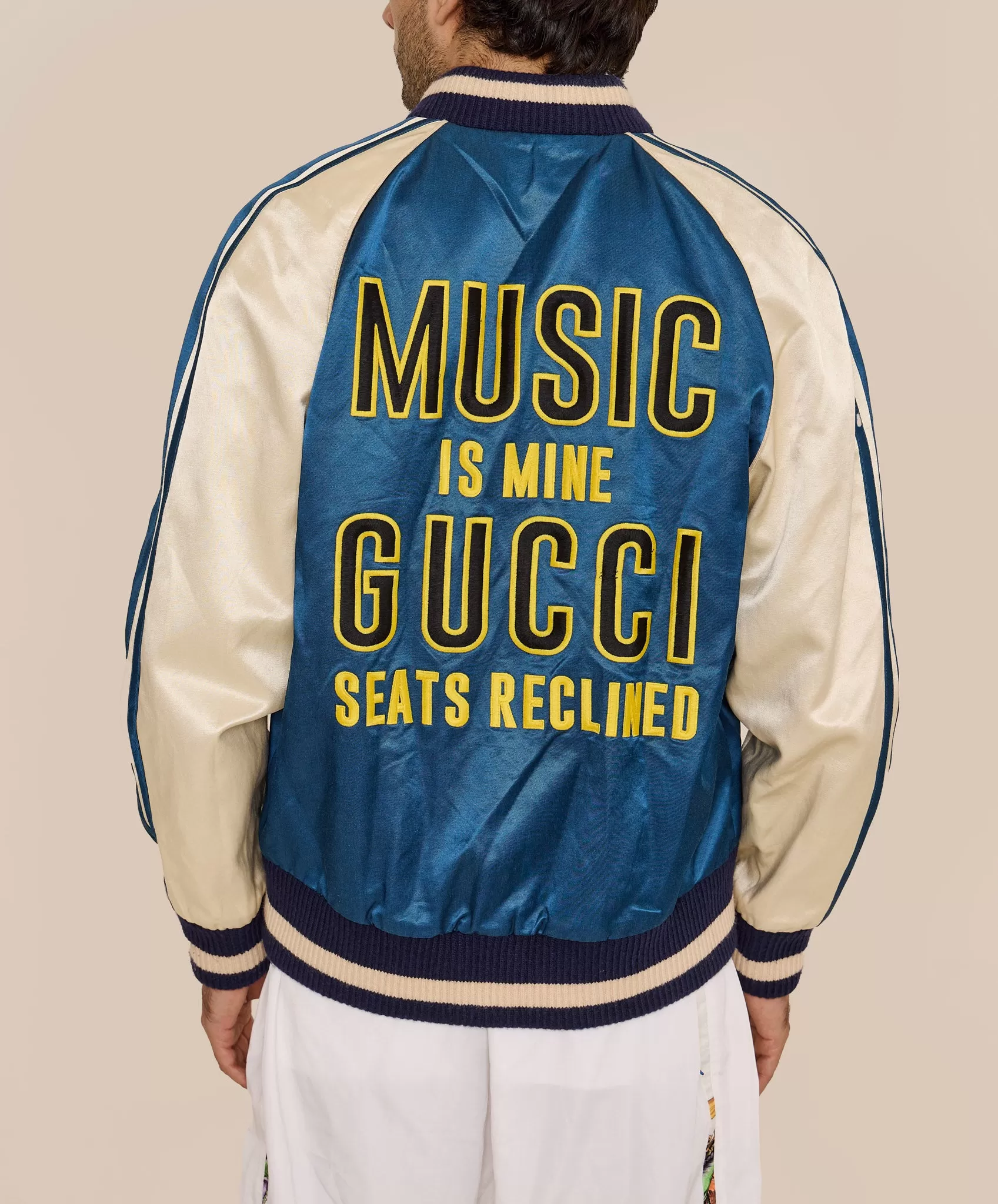 GUCCI BLUE JACKET " MUSIC IS MINE GUCCI SEATS RECLINED "