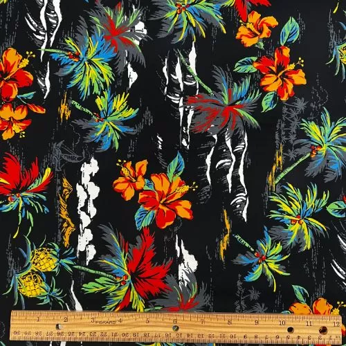 Hibiscus & Palm and Ocean Fabric | Black 0223 BLK-0008C