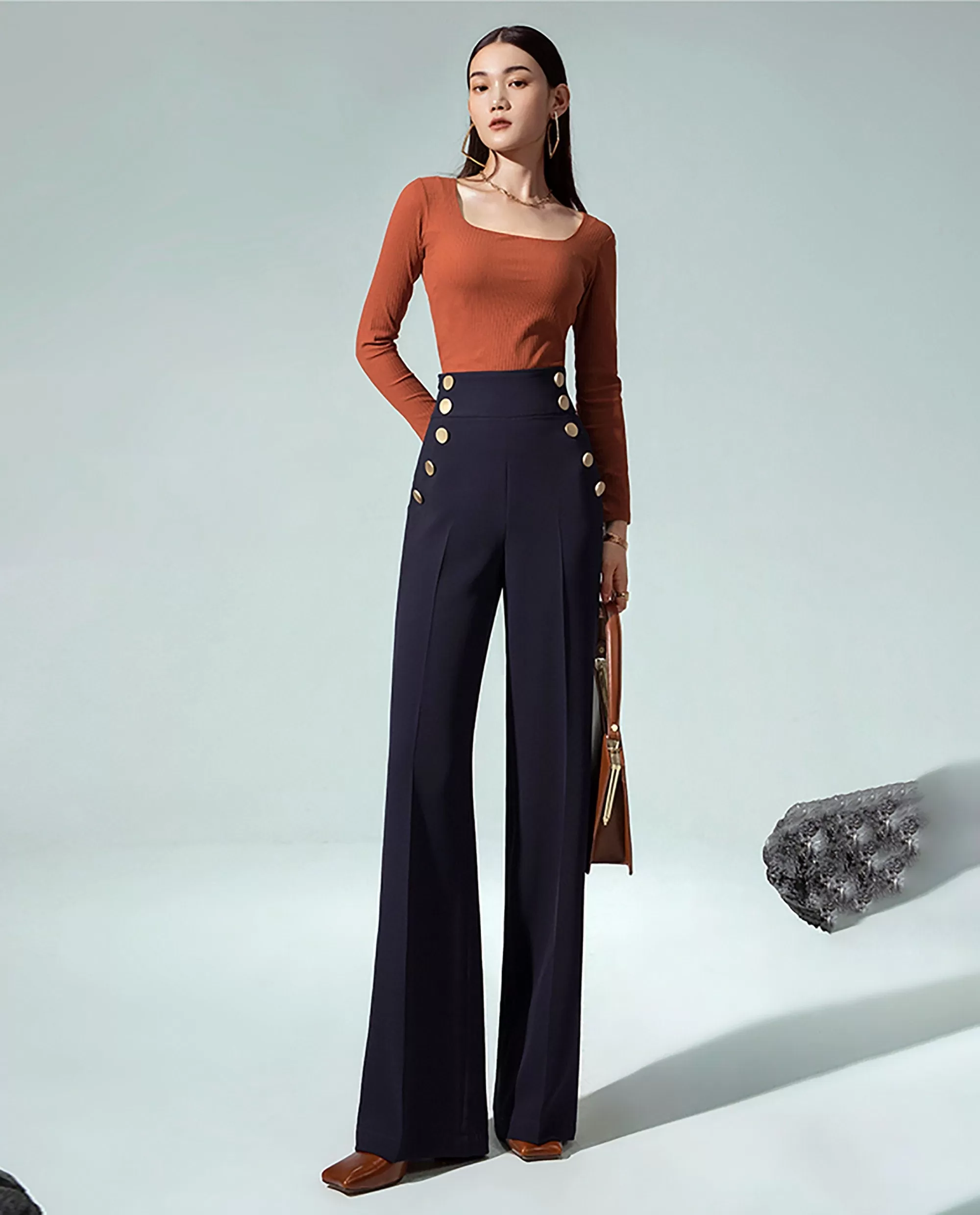 High Waist Button Ponte Flare Pants