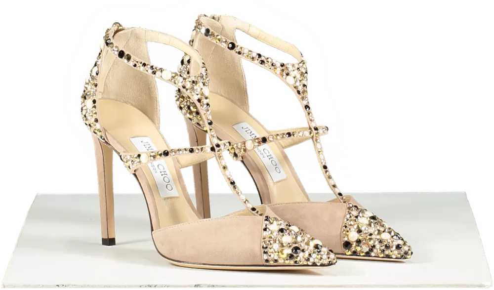 Jimmy Choo Nude Saoni 100 Suede Pumps With Crystal And Pearl Embellishments BNIB UK 4 EU 37 👠