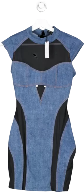 Karen Millen Blue Stretch Denim And Mesh Panelled Mini Dress UK XS