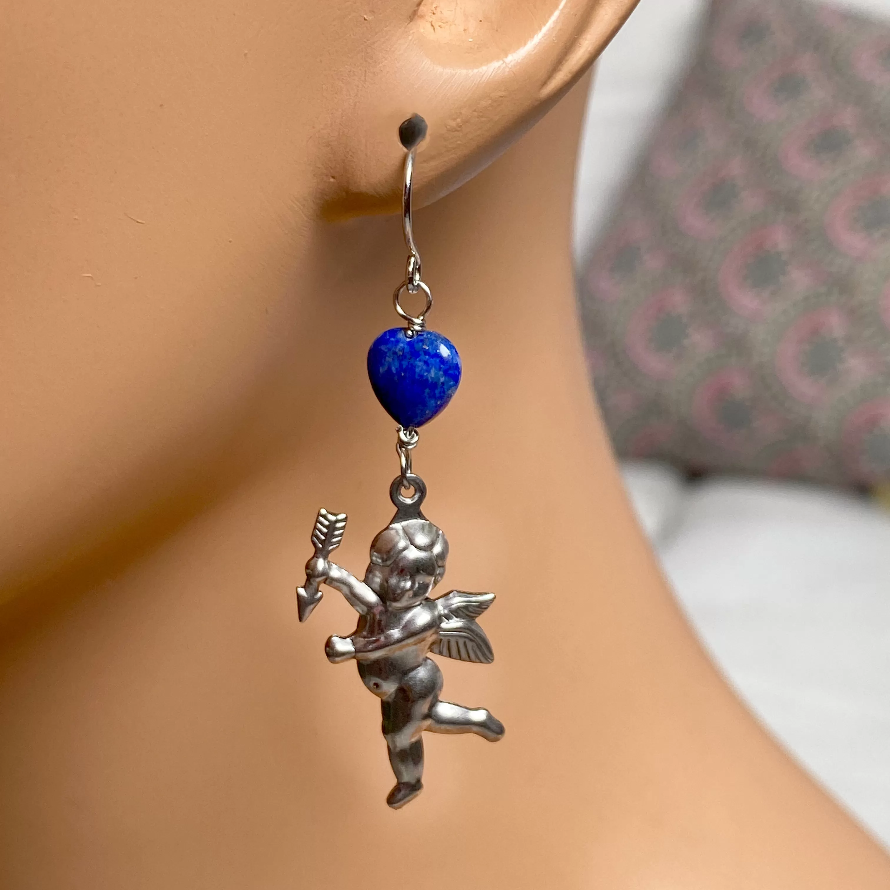 Lapis Lazuli Heart with metal Cupid Dangle and Drop Earrings