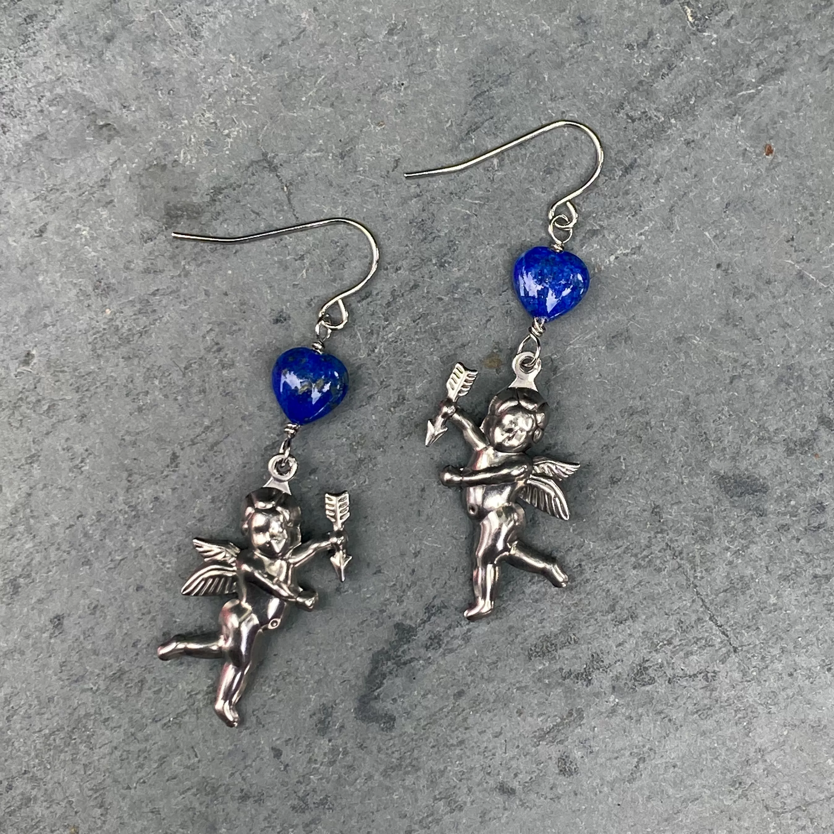 Lapis Lazuli Heart with metal Cupid Dangle and Drop Earrings