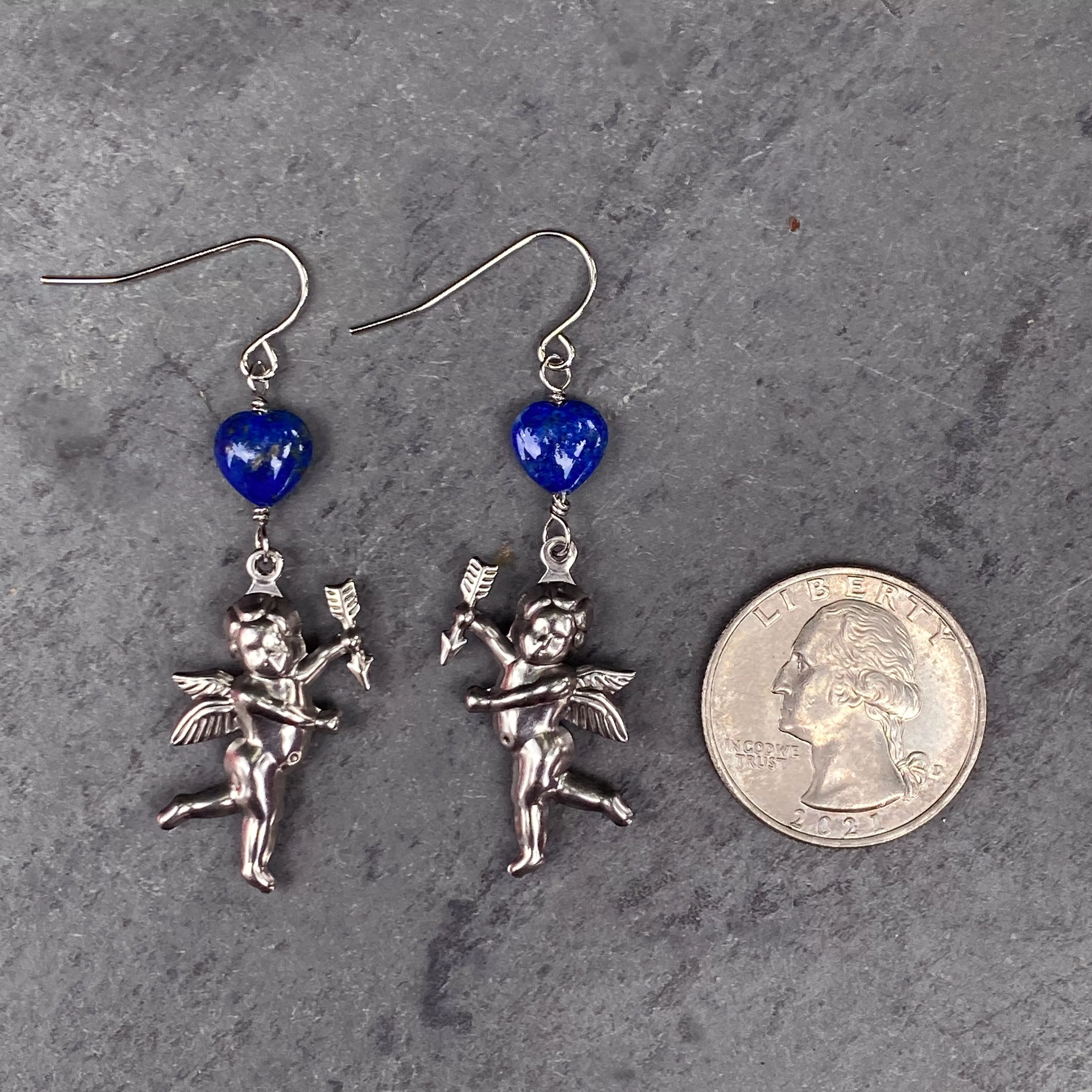 Lapis Lazuli Heart with metal Cupid Dangle and Drop Earrings