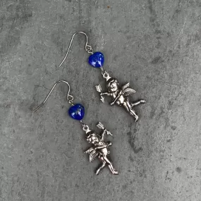 Lapis Lazuli Heart with metal Cupid Dangle and Drop Earrings