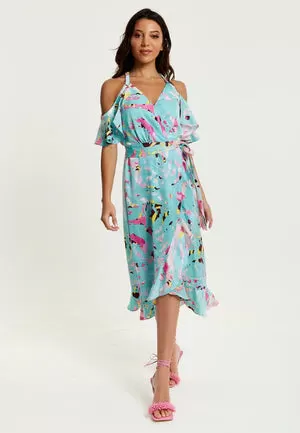 Liquorish Blue Abstract Print Cold Shoulder Midi Wrap Dress