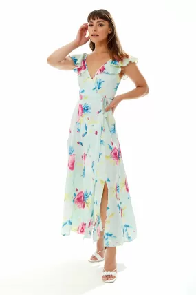 Liquorish Maxi Floral Print Wrap Dress In Mint Green