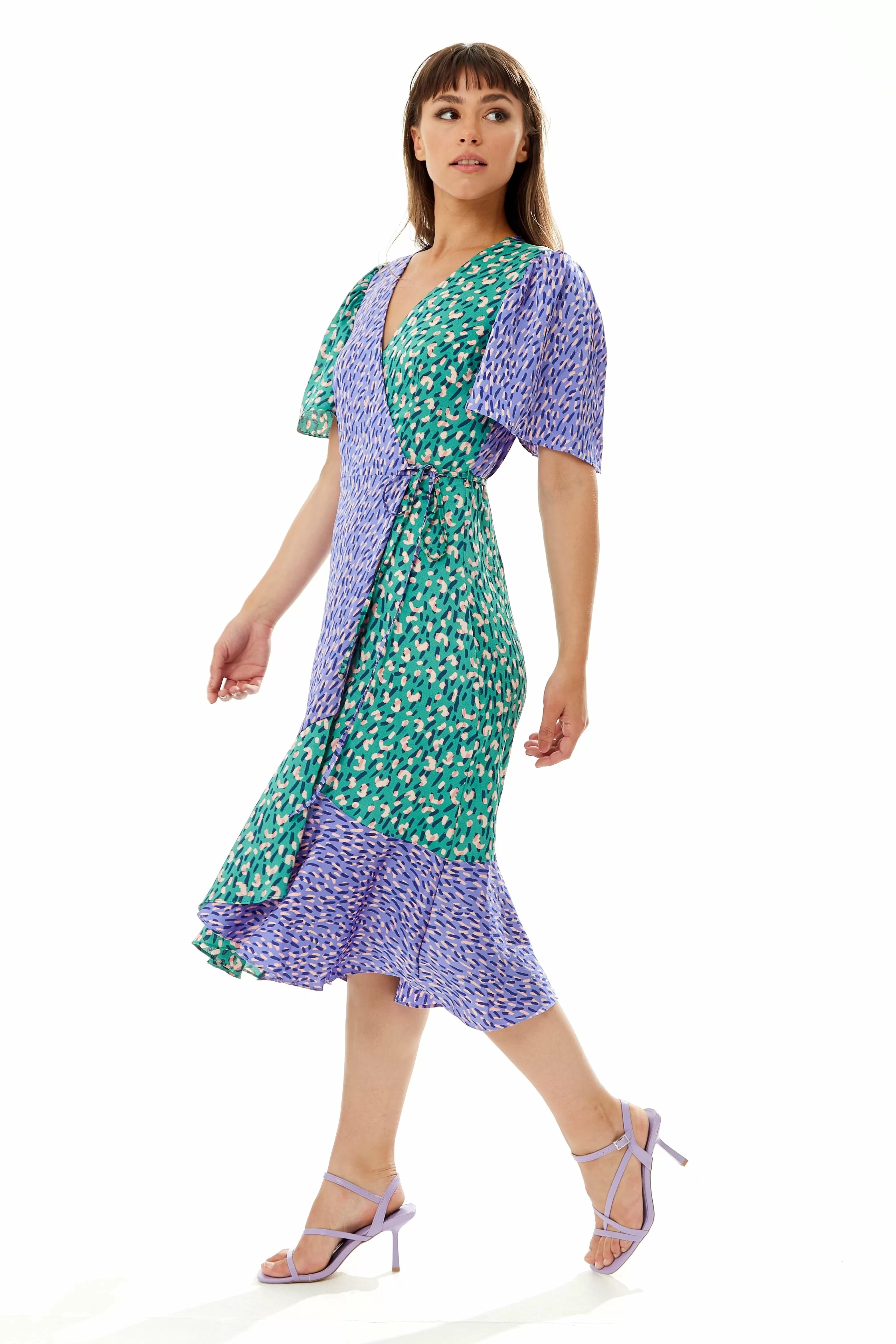 Liquorish Multi Print Midi Wrap Dress In Contrast Colours