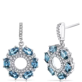 London Blue Topaz Dahlia Drop Earrings Sterling Silver 3 Carats