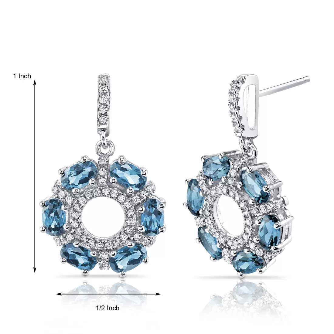 London Blue Topaz Dahlia Drop Earrings Sterling Silver 3 Carats