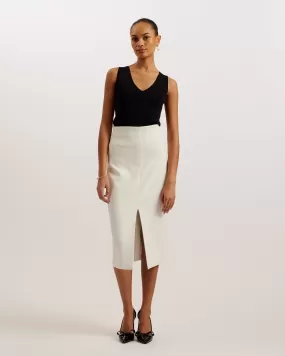 Manabus Tailored Midi Pencil Skirt With Front Split White