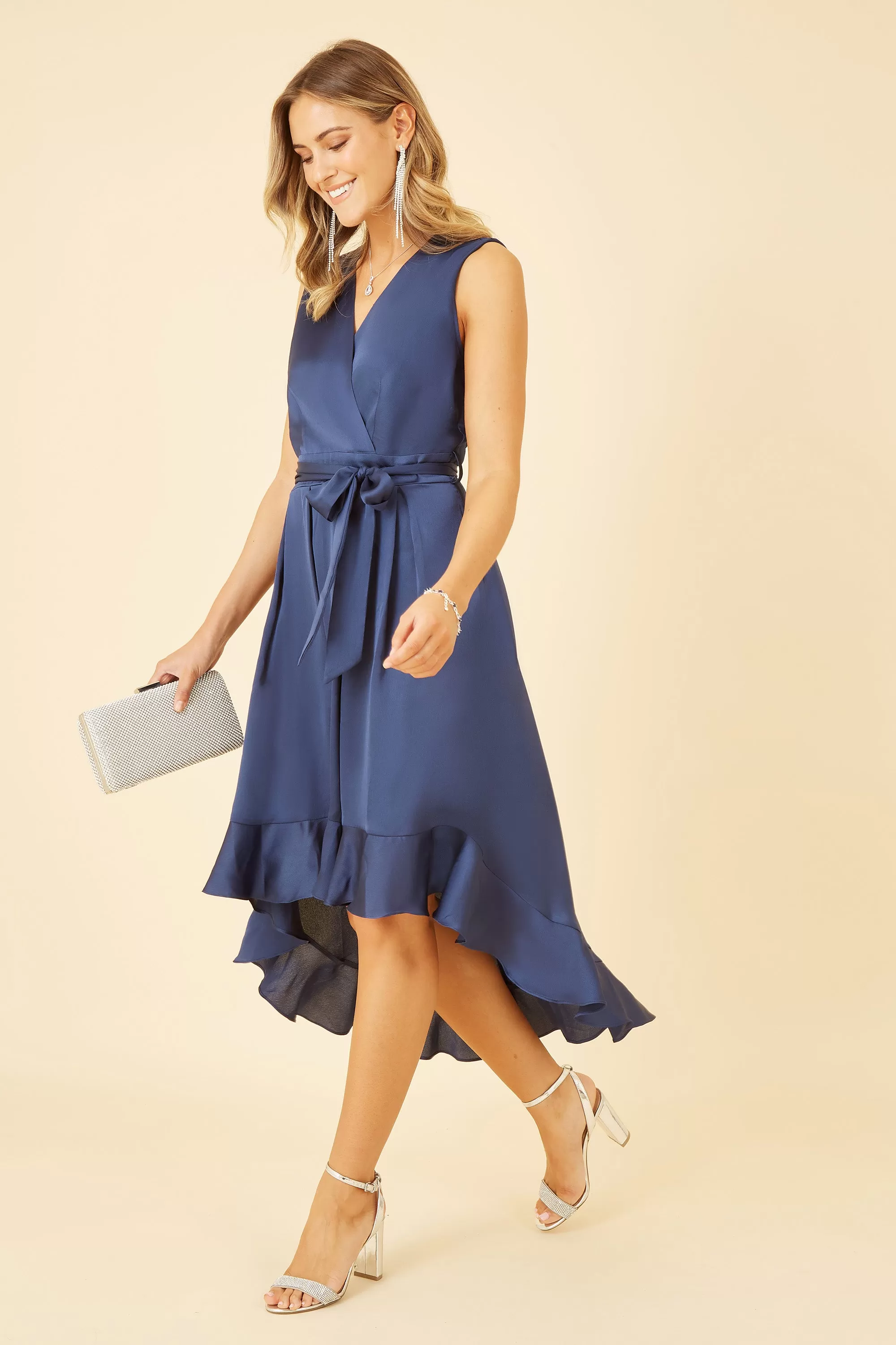 Mela London Navy Satin Dipped Hem Wrap Over Midi Dress