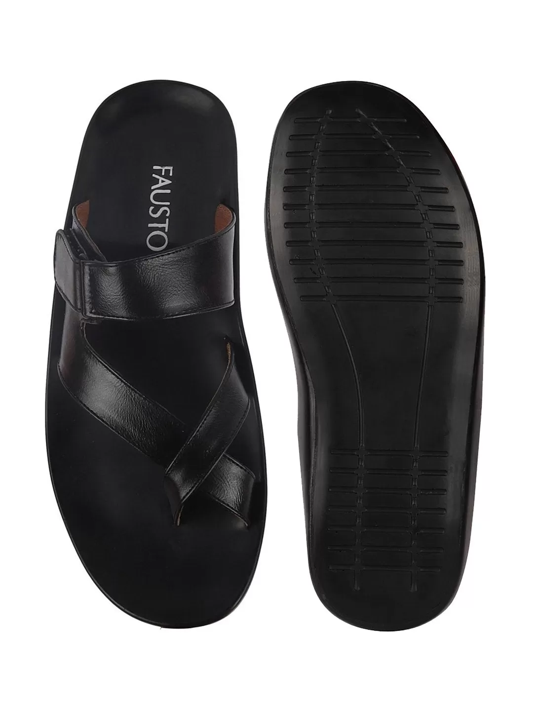 Men Black Hook & Loop Criss Cross Toe Ring Slipper