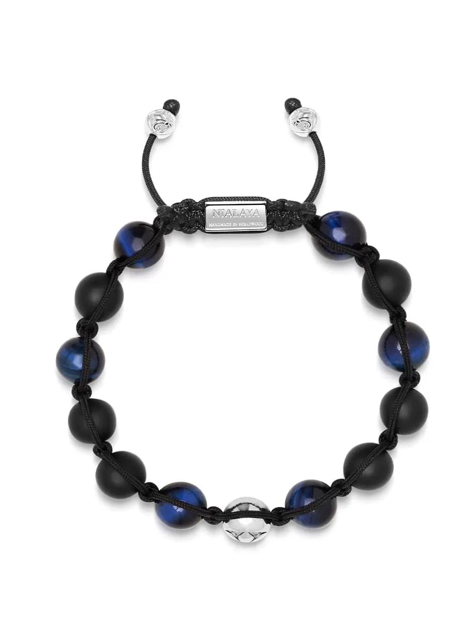 Men's Beaded Bracelet with Blue Tiger Eye and Black Onyx