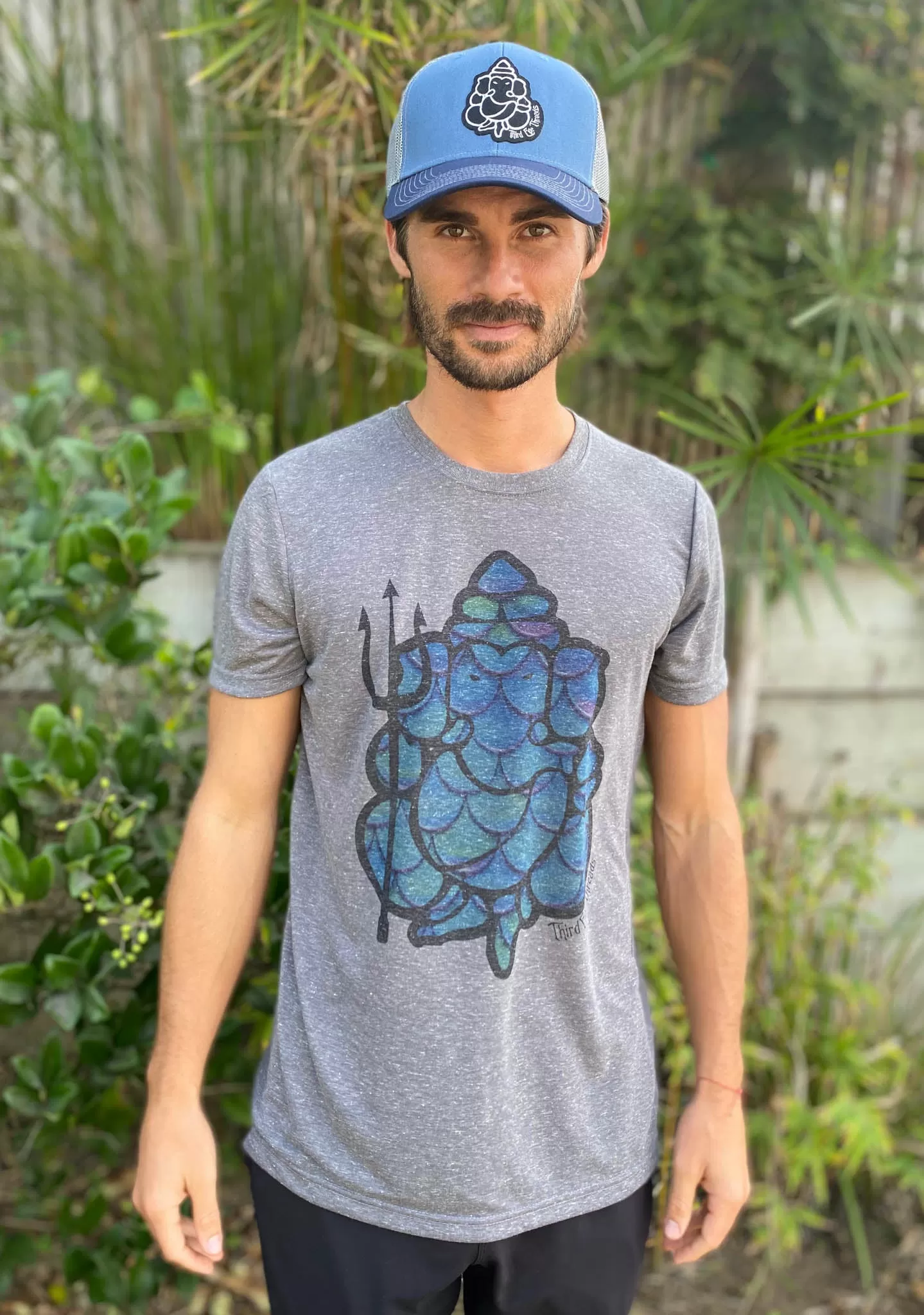 Merman Ganesh With Trident On Linen Blend Crew Neck Tee