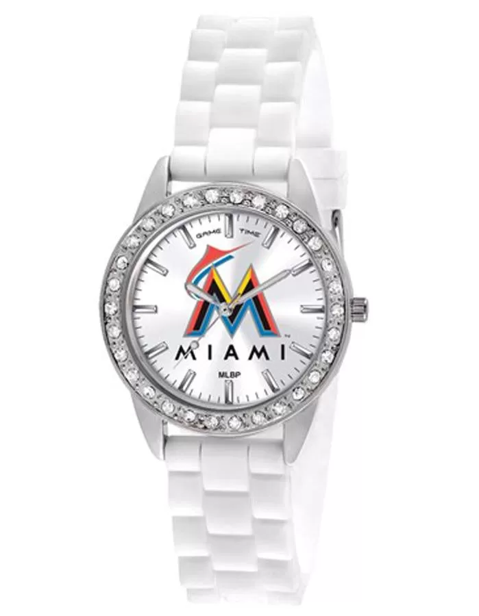 MLB Womens Miami Marlins Frost Watch - Crystal Bezel - Silicone Strap