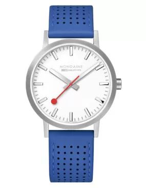 Mondaine Womens Classic Watch - Stainless Steel - White Dial -Blue Leather Strap