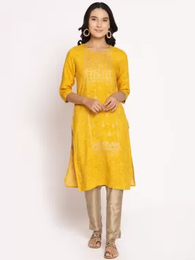 Mustard Ornamental Printed Kurta