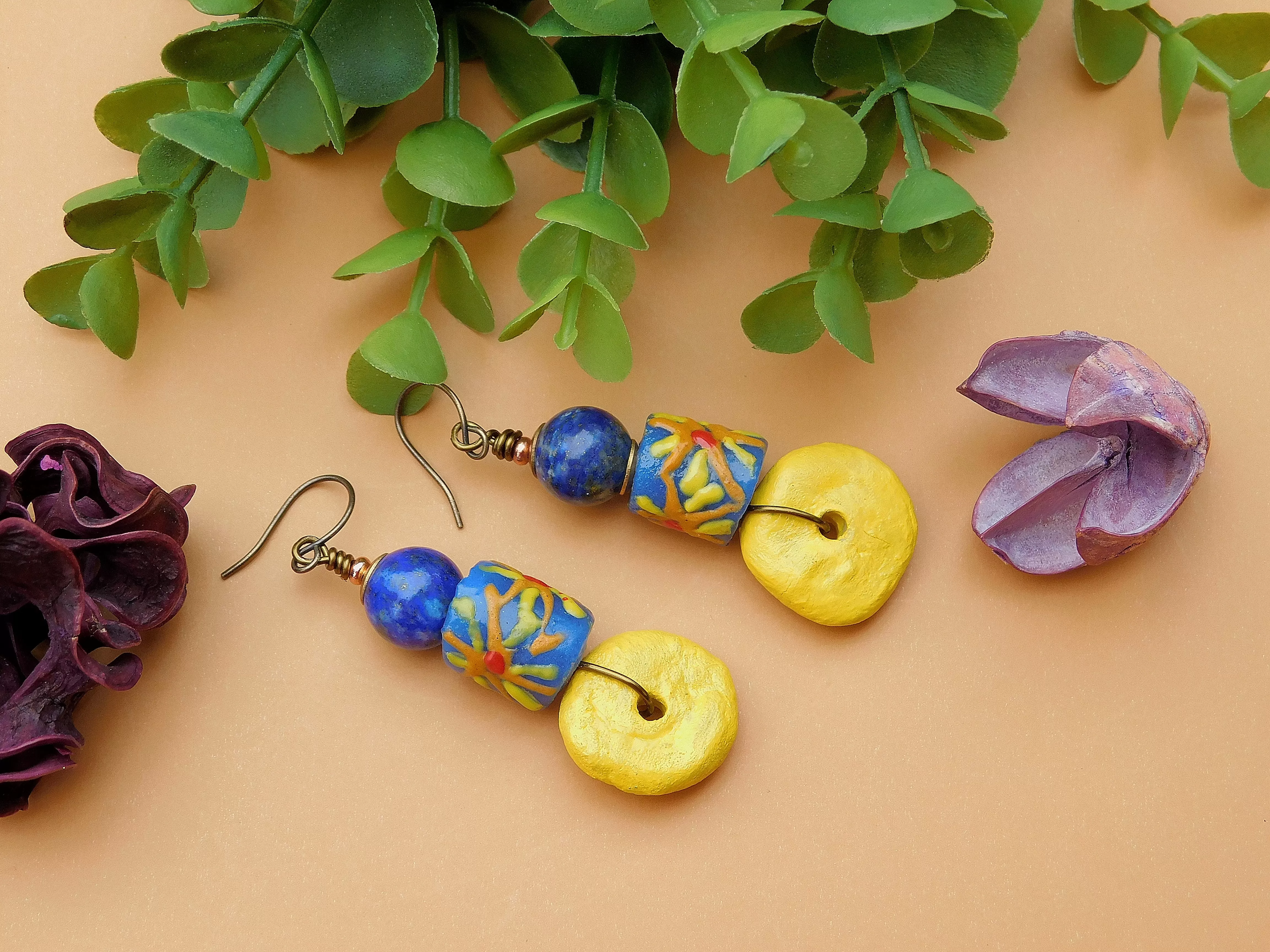 Navy Blue Sunflower Krobo Earrings