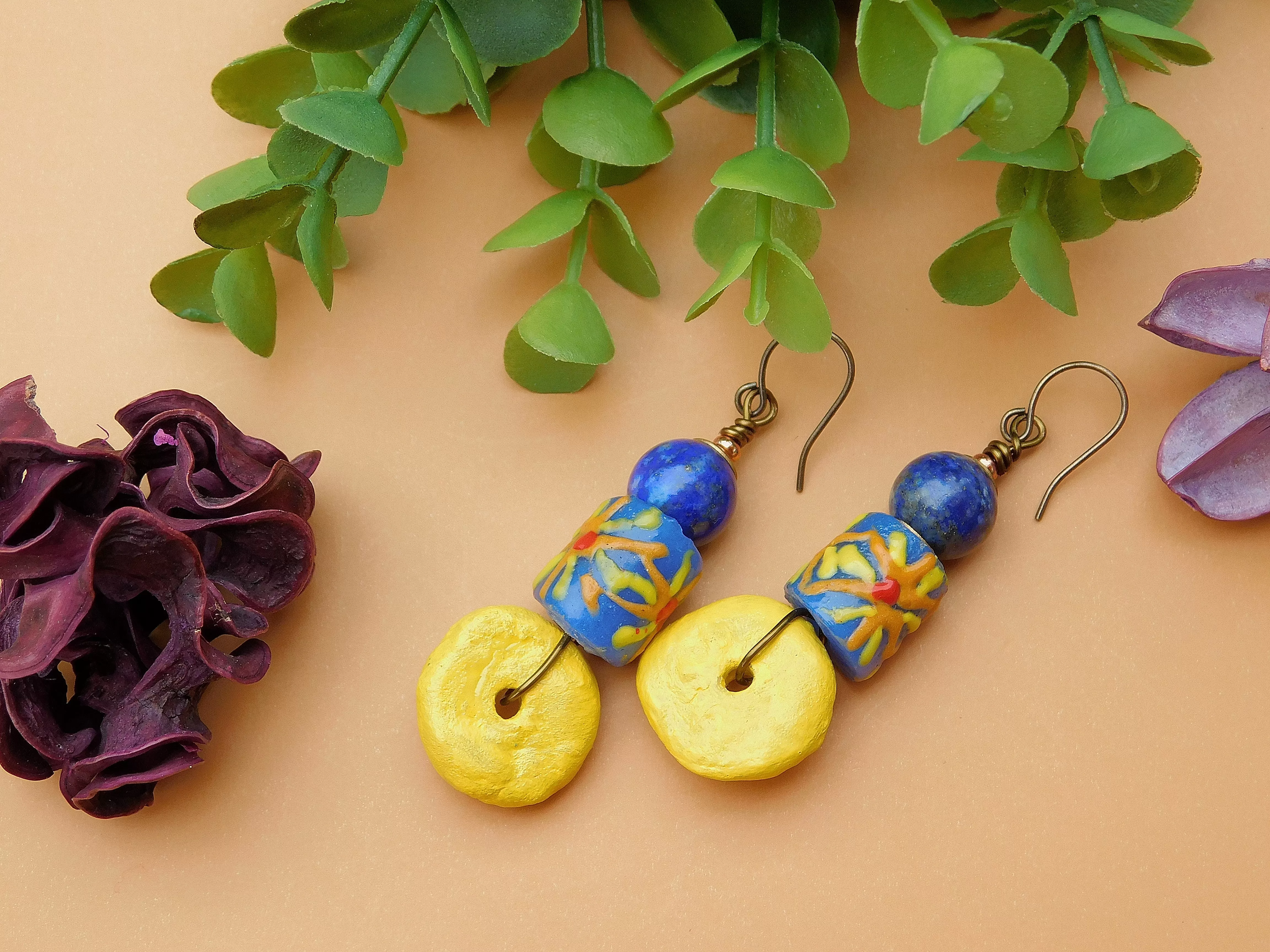 Navy Blue Sunflower Krobo Earrings