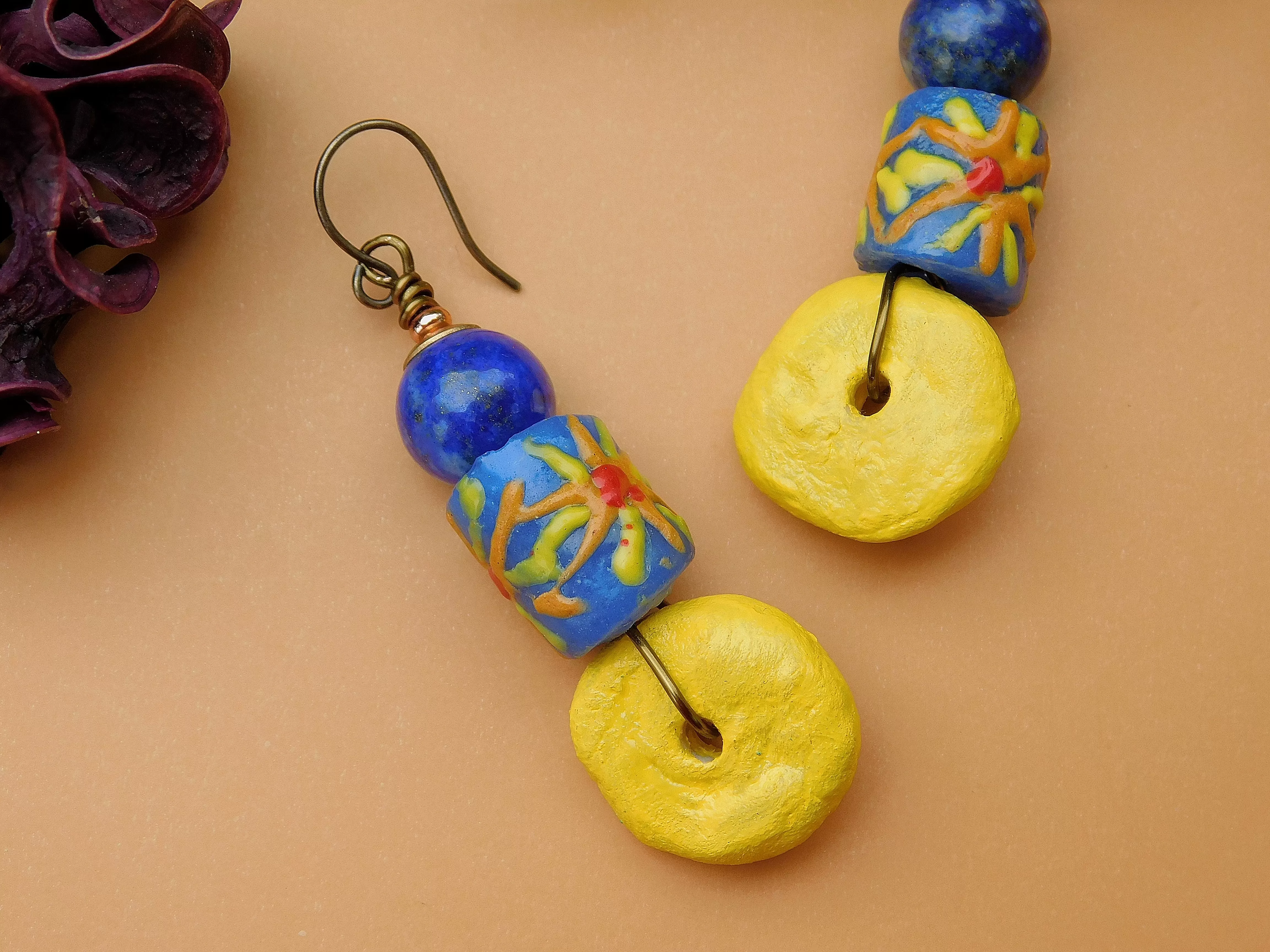 Navy Blue Sunflower Krobo Earrings