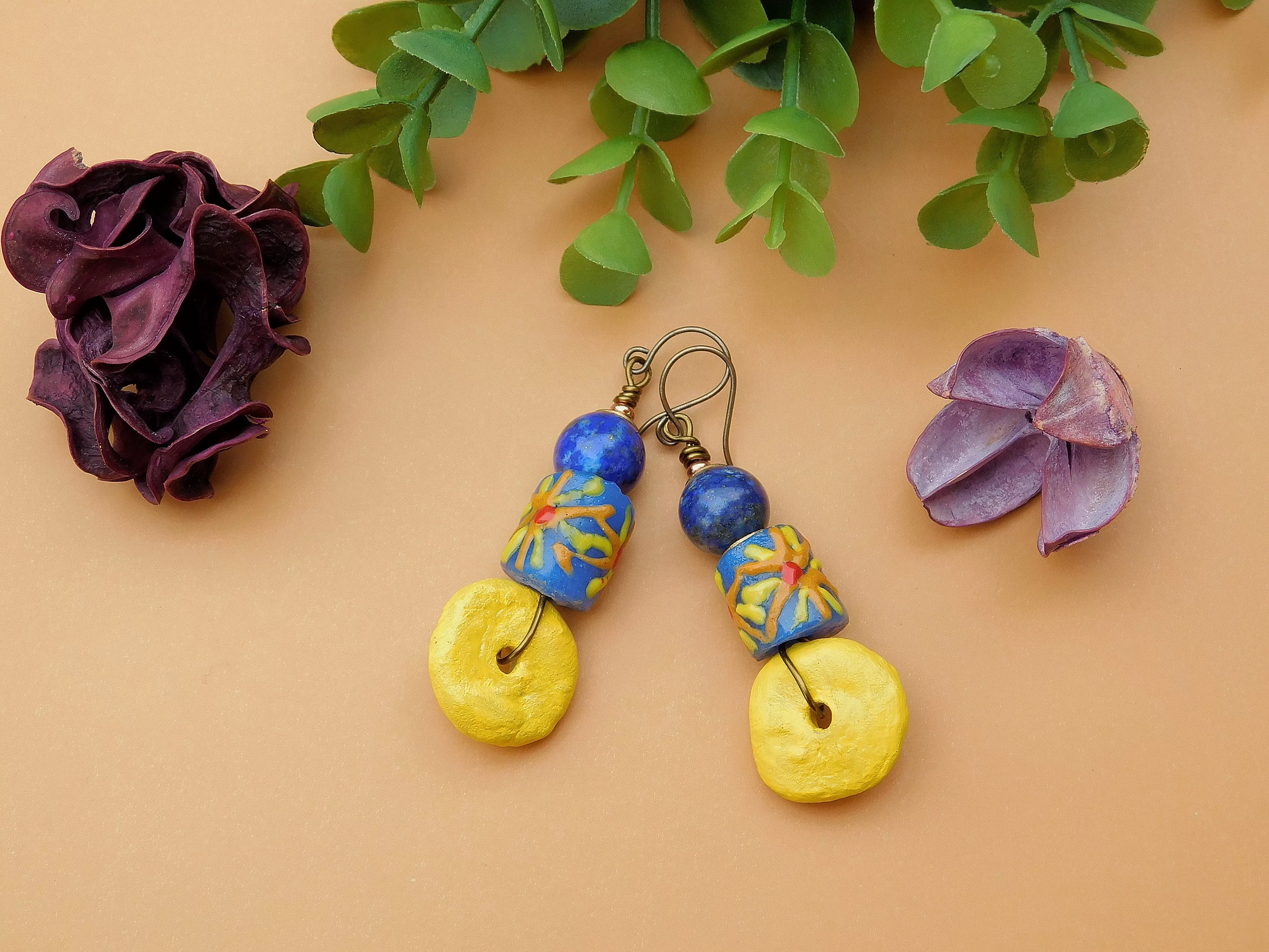 Navy Blue Sunflower Krobo Earrings