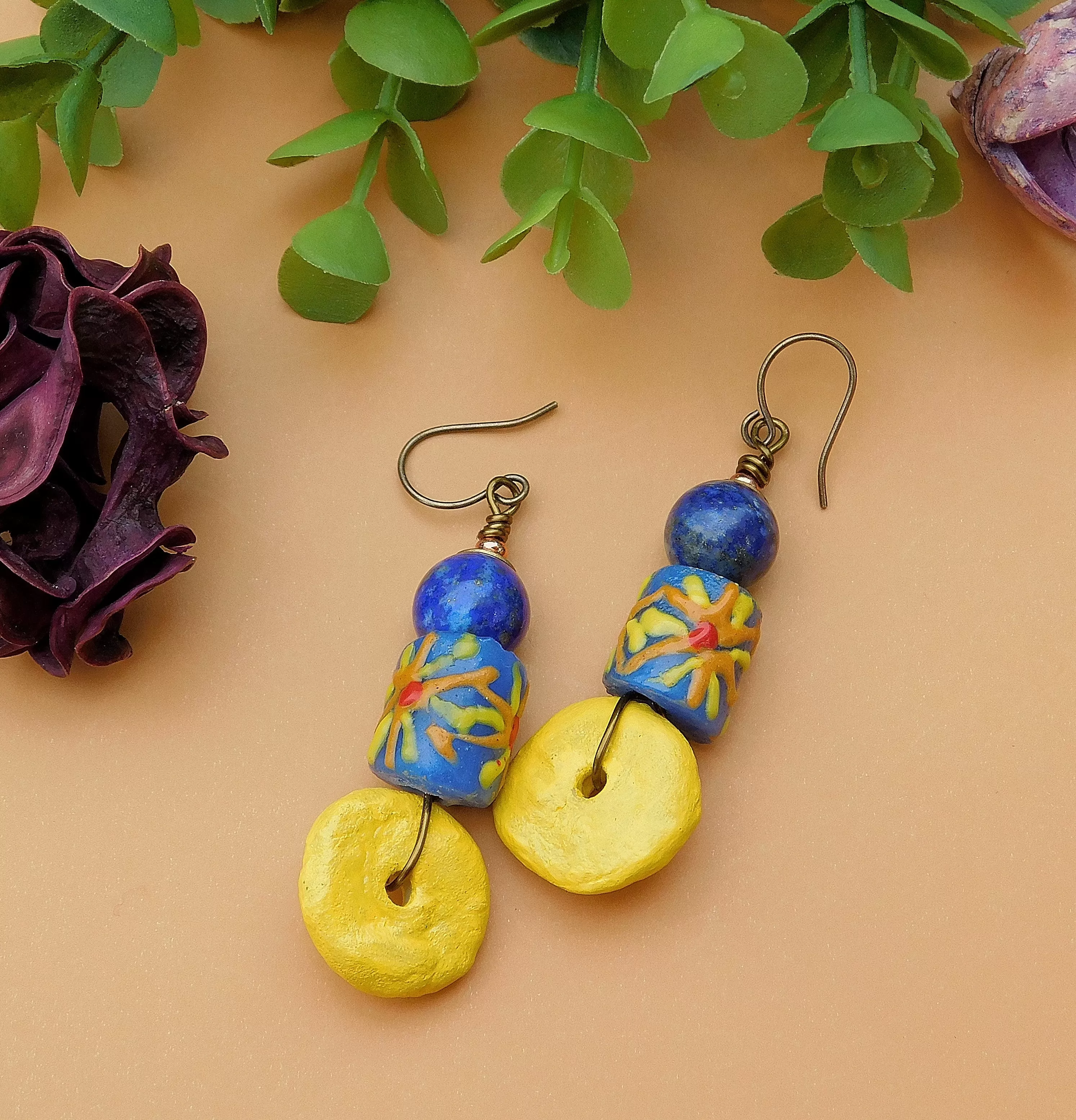 Navy Blue Sunflower Krobo Earrings