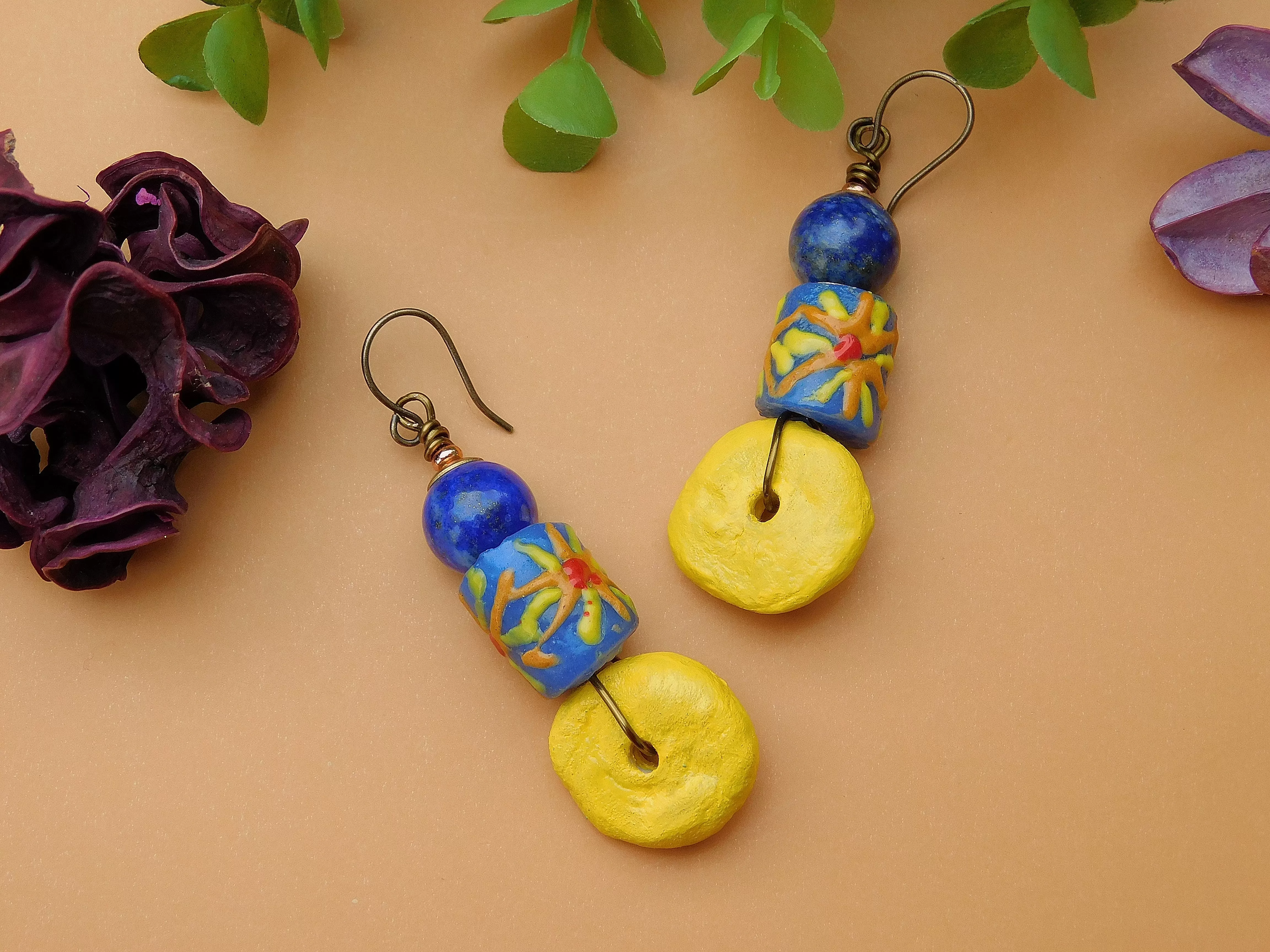 Navy Blue Sunflower Krobo Earrings