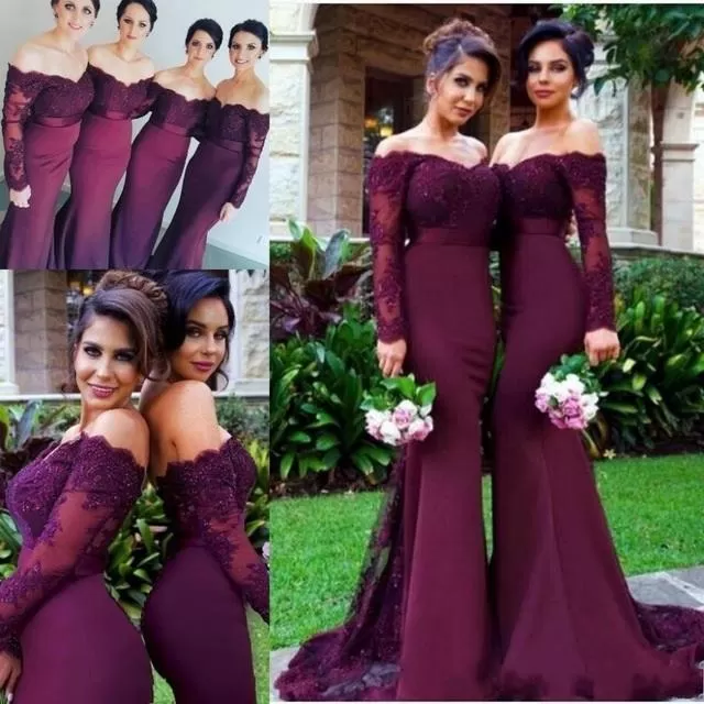 New Arrival Off-the-Shoulder Wine Red Trumpet Long Sleeve Mermaid Bridesmaid Dresses