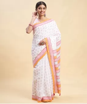 Offwhite orange cotton sanganeri hand block printed saree