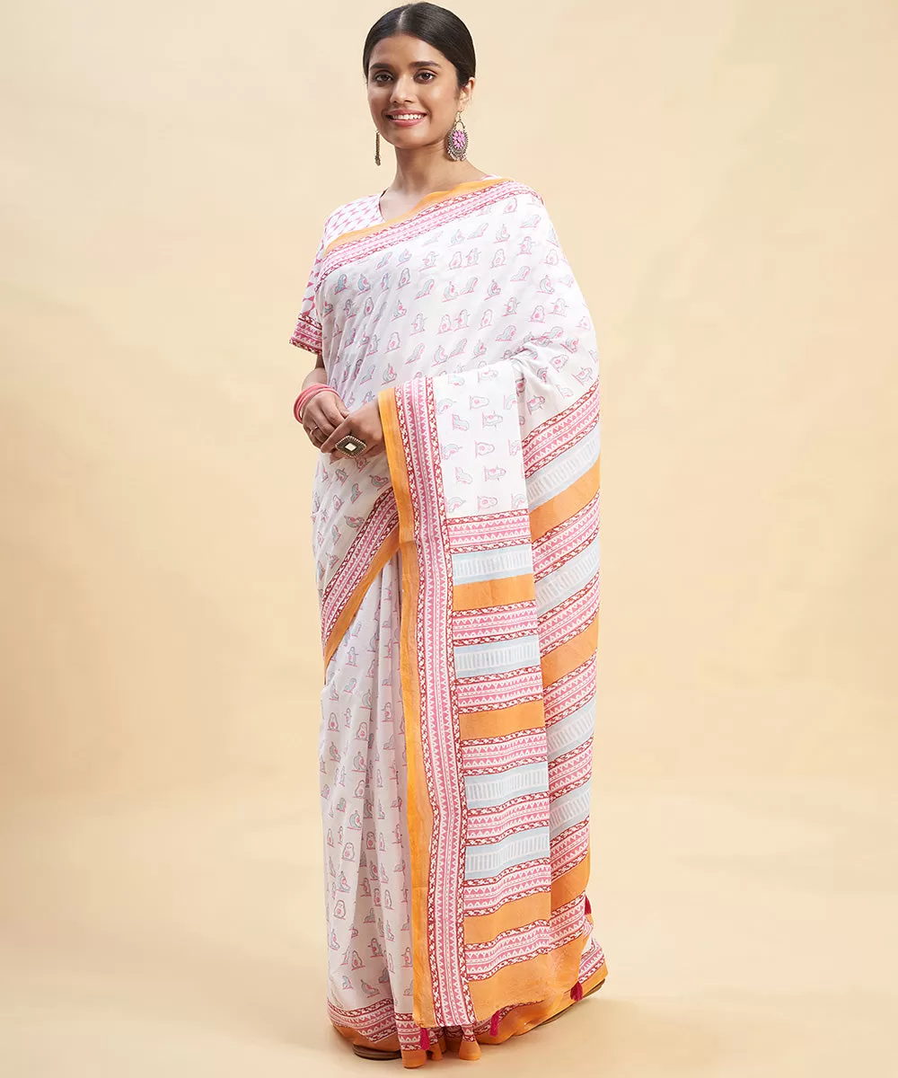 Offwhite orange cotton sanganeri hand block printed saree