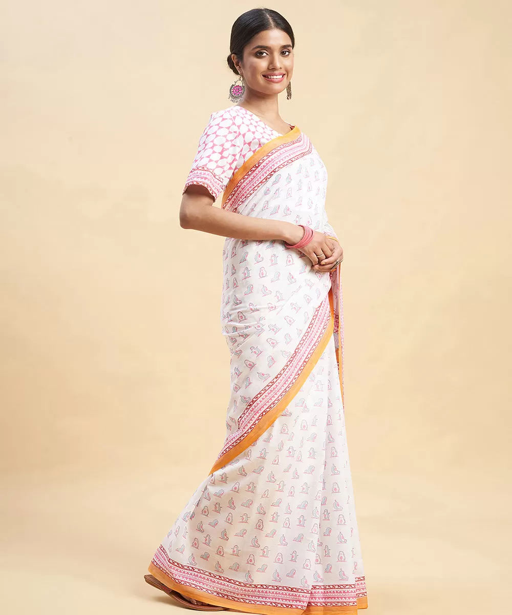 Offwhite orange cotton sanganeri hand block printed saree