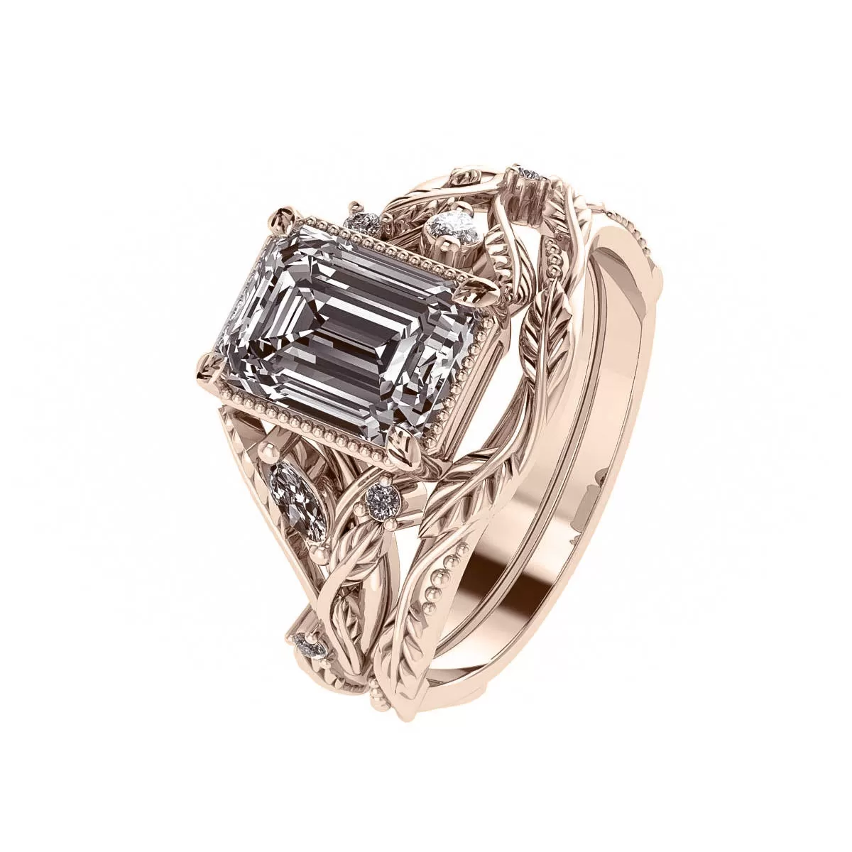 Patricia asymmetric | custom bridal ring set for emerald cut gemstone 8x6 mm