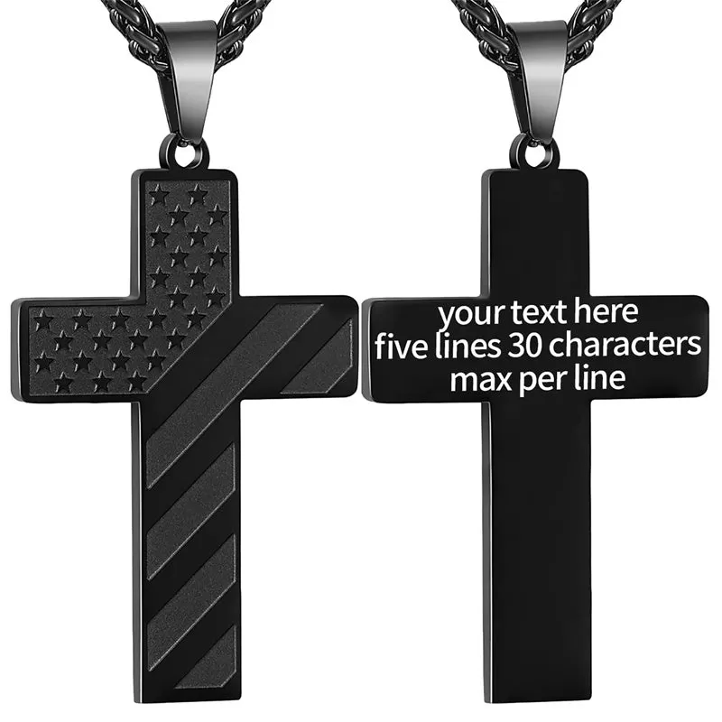 Personalized Men's Cross Necklace Bible Verse Stainless Steel American Flag Pendant Chain for Boys Men