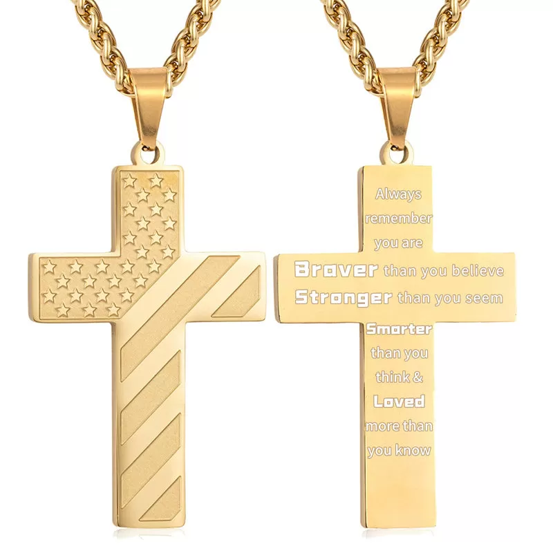 Personalized Men's Cross Necklace Bible Verse Stainless Steel American Flag Pendant Chain for Boys Men