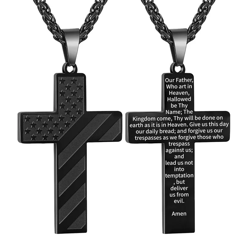 Personalized Men's Cross Necklace Bible Verse Stainless Steel American Flag Pendant Chain for Boys Men