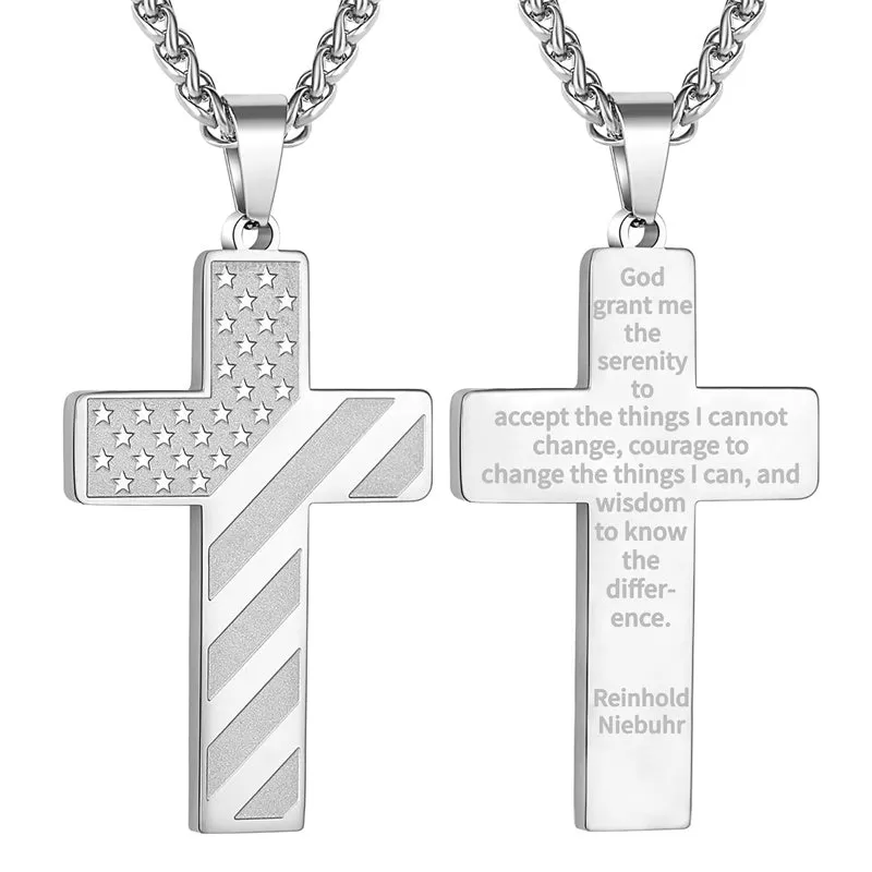 Personalized Men's Cross Necklace Bible Verse Stainless Steel American Flag Pendant Chain for Boys Men